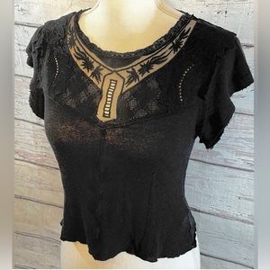 FREE PEOPLE linen blend short sleeve shirt, lace bust and undefined hem black XS